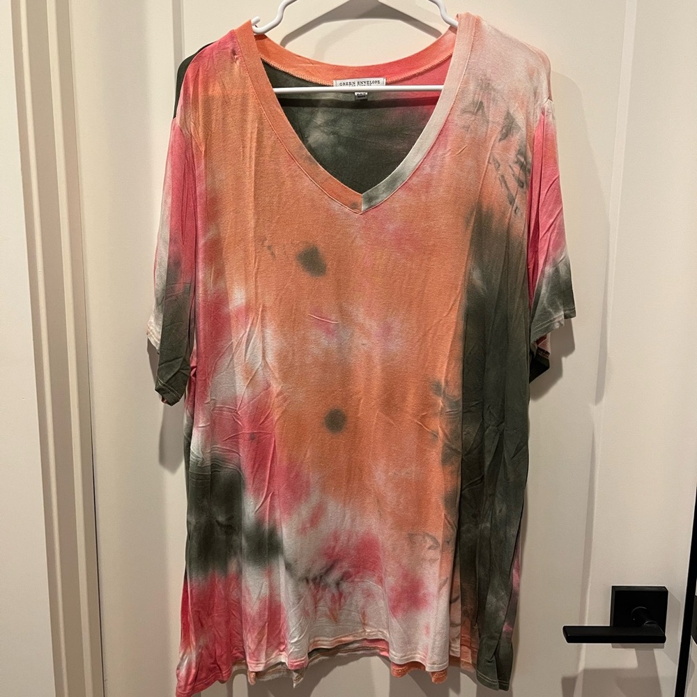 Lovers + Friends Tie-Dye V-Neck Tunic Top Coral Olive Pink 3X